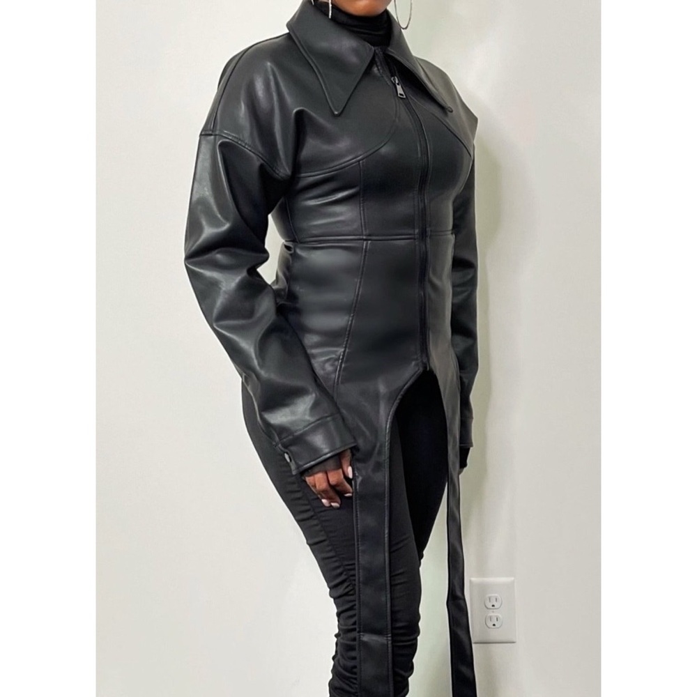 Azalea Wang Black Faux Leather Zip Jacket Corset Seam Detail Sz M